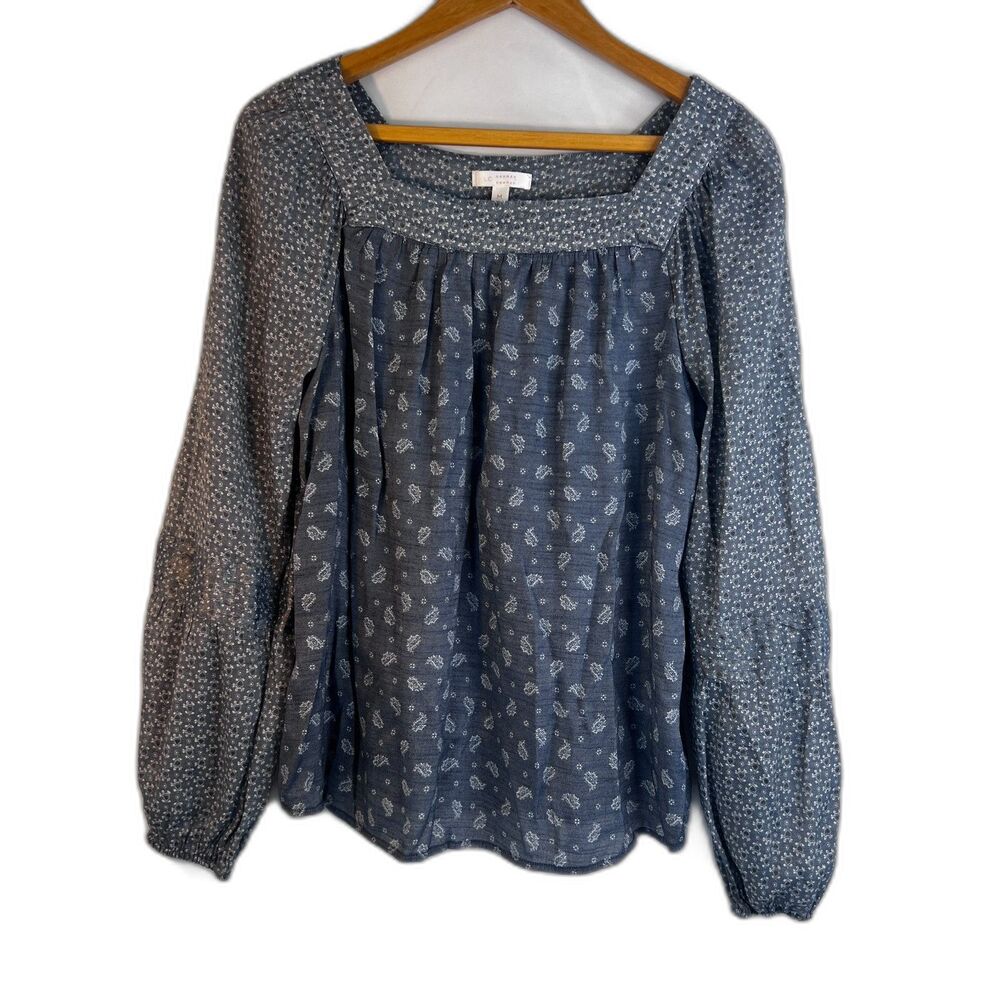 LC Lauren Conrad Square Neck Mixed Print Peasant Boho Cottage Core Blouse Sz MD